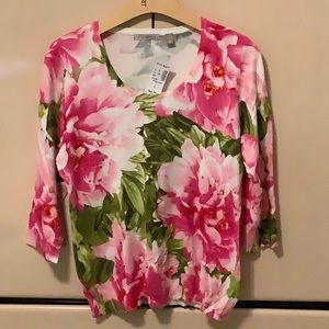 Lightweight knit spring floral sweater with pink beads.